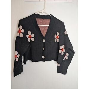 Smiley Daisy Cropped Cardigan Black Knit Button Front Sweater XL